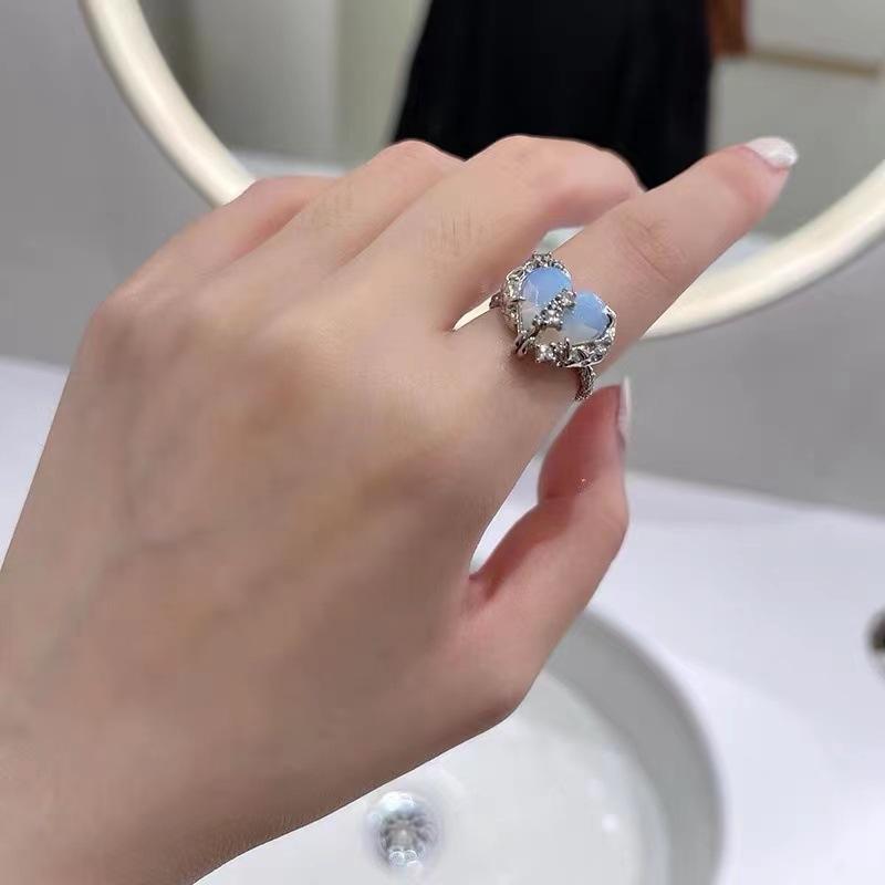 Открытые кольца в форме сердца для женщин, корейские геометрические кристаллы, лунный камень, готическое кольцо на палец Y2K, аксессуары, модные эстетические ювелирные изделия, подарок
