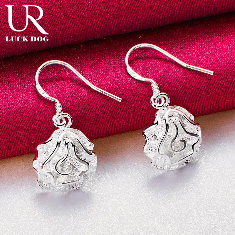 925 Sterling Silver Rose Pendant with Piercing Earrings Fashionable Wedding Jewelry