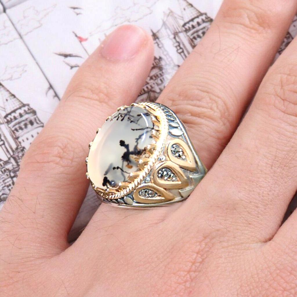 Винтажное турецкое кольцо-печатка ручной работы для мужчин и женщин, кольцо из камня лунного камня и агата цвета старинного серебра, 2024, ретро исламское ювелирное изделие