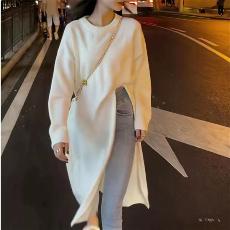 Платье женское осенне-зимнее новое корейское модное круглое воротничковое свободное ленивое трикотажное среднее и длинное разрезное свитер юбка верхняя одежда