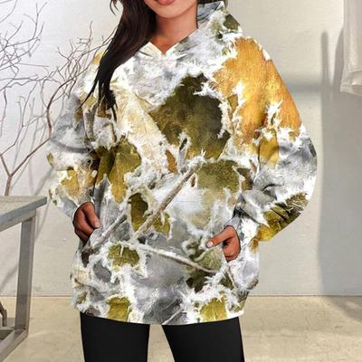 Женская толстовка с капюшоном и большим передним карманом, камуфляжный принт с кленовым листом, спортивная, свободного покроя