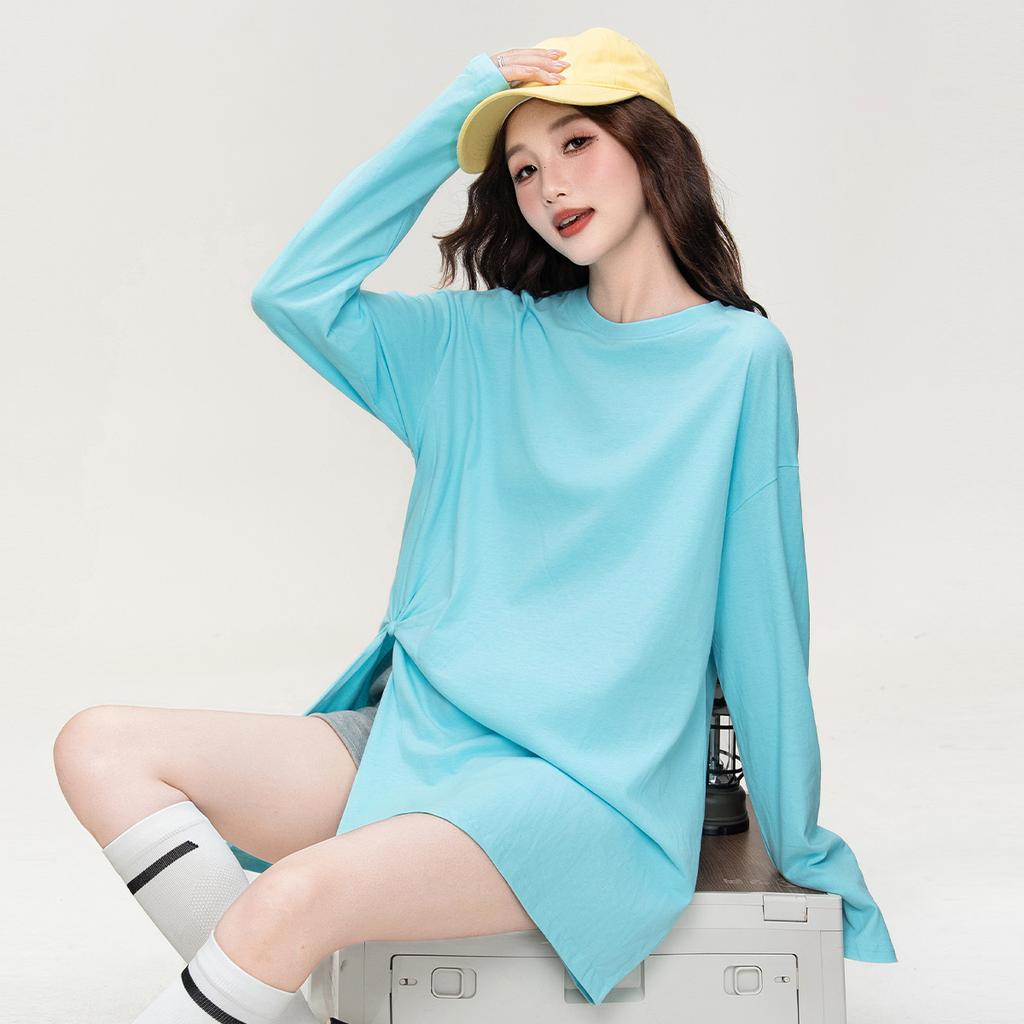 Side slit design loose long-sleeved T-shirt