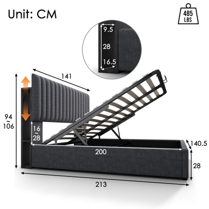 Lit rembourré - MUVOE - 140x200 cm - Tête de lit LED avec USB - Compartiment de rangement - Confort optimal
