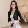 Women Sunscreen Coat Lace See-through Hollow Out Flower Embroidery Shirring Anti-UV Short Three Quarter Sleeve Lady