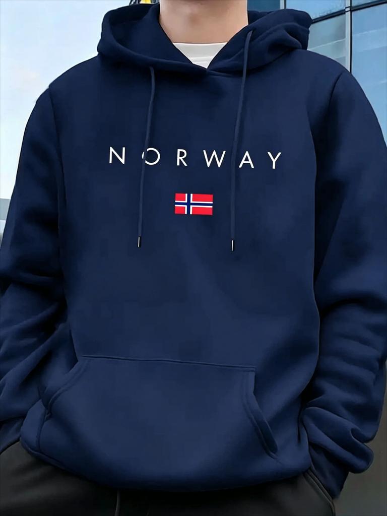 Men's Norwegian Flag Printed Hooded Sweatshirt Suitable for Wearing in Autumn Winter. A Warm Cozy Fleece Pullover for The Season