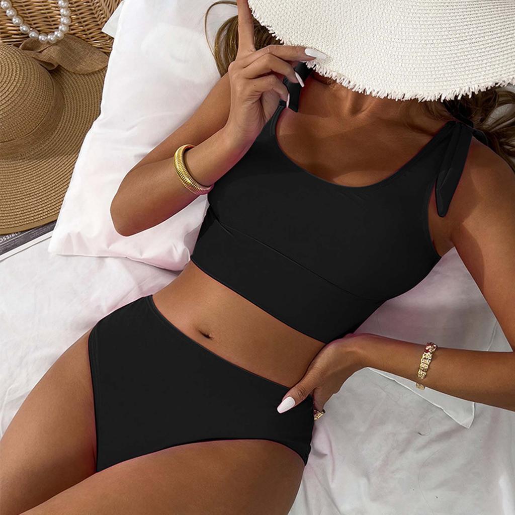 Женский купальник, однотонный модный бикини, сексуальный, с высокой талией, спортивный, из двух частей, комплект бикини, шорты, женский купальник, короткий