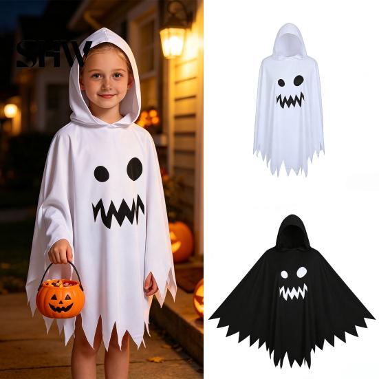 Soft Breathable Party Wear Halloween Ghost Cloak with Hood, Loose Fit Irregular Hem Costume Universal Decoration for Cosplay Party, White Spooky