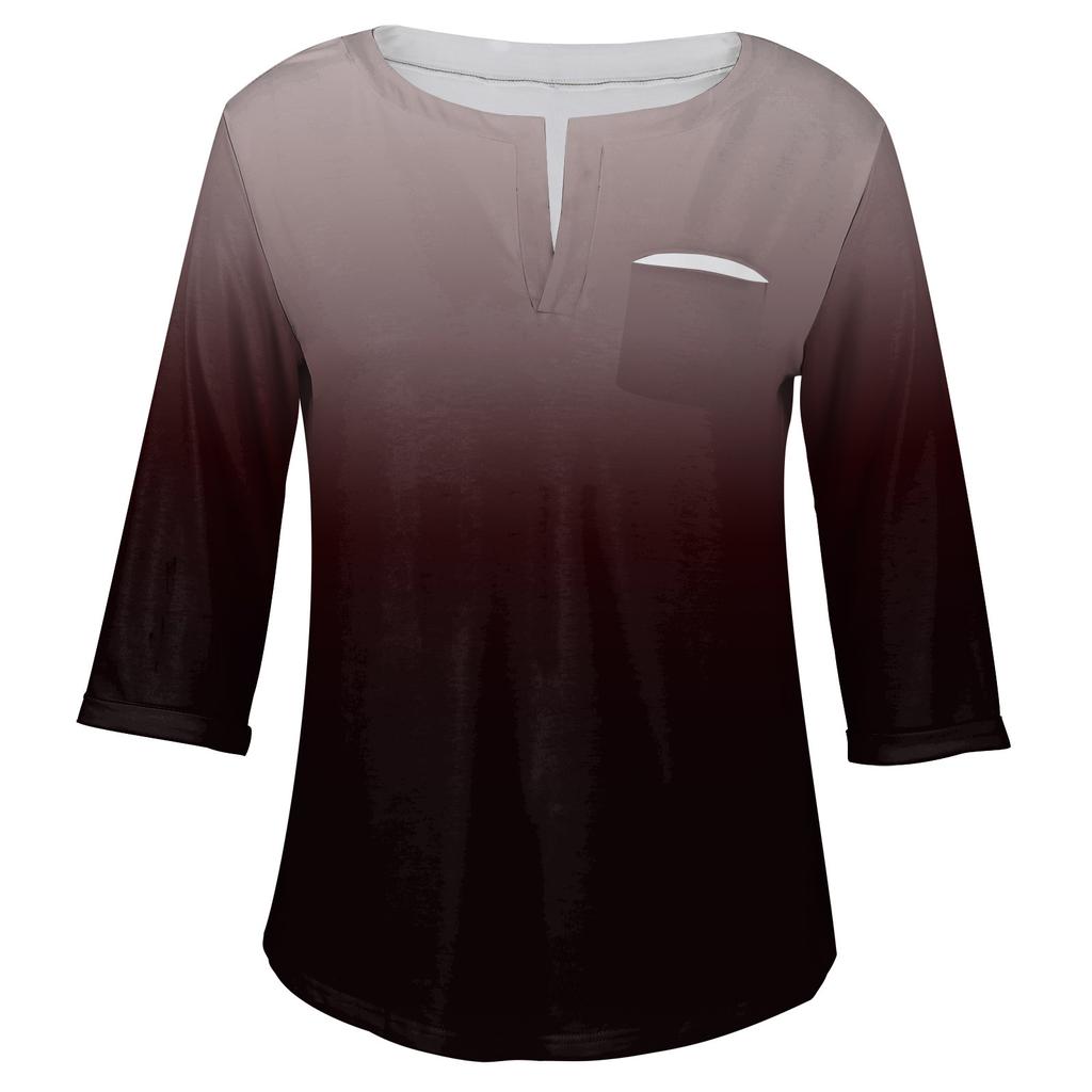 Women's Fashionable Casual Three Quarter Sleeve Printed V Neck Pullover 4/3 Sleeve Top