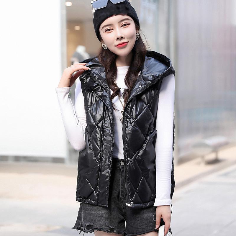 Women Autumn Winter Soild Color Rhombus Thicken Outwear Cotton Padded Hooded Sleeveless Warm Jacket Coat Vest