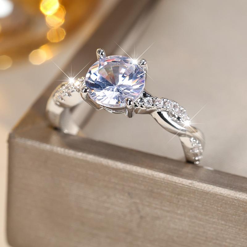 Round Classic Silver Simple Color Aqua Bluewhiteredgreen Zircon Ring For Women Temperament Wedding Ring Eternity Trend Jewelry