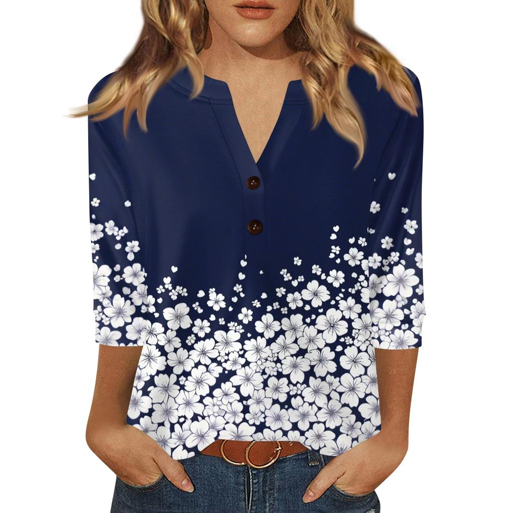 Жен. Футболка С принтом Пуговицы Рукав 3/4 Повседневные Выходные Мода Классический Классический V-образный вырез Обычный Верх