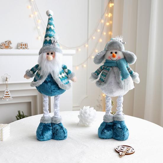 Christmas Doll Ornament Plush Standing Santa Claus Reindeer Snowman Figure with Telescope Leg Blue Gnome Doll Toy for Tree Fireplace Window Table