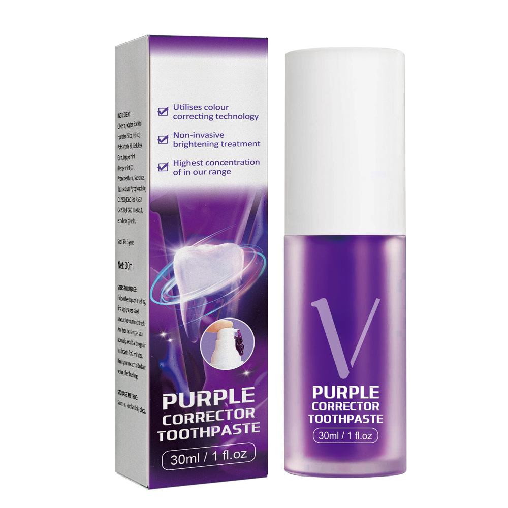 Отбеливающая зубная паста Фиолетовый корректор Уменьшение пожелтения Удаление пятен на зубах Чистая гигиена полости рта Свежее дыхание Отбеливающий зубы мусс