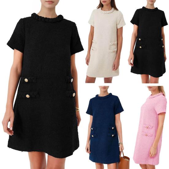 Женское платье с круглым вырезом, свободная молния сзади, с короткими рукавами, однотонное винтажное мини-платье трапециевидной формы с декором на пуговицах