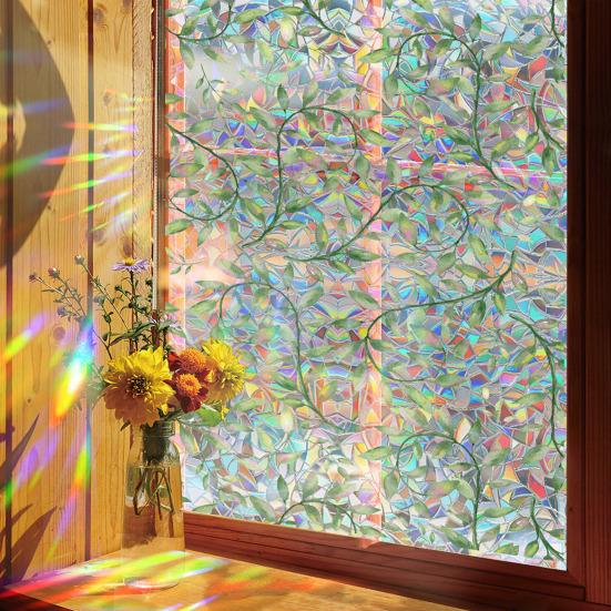 Iridescent Window Film Green Leaf Flower Pattern Non-Adhesive Glass Sticker Reusable Privacy Film