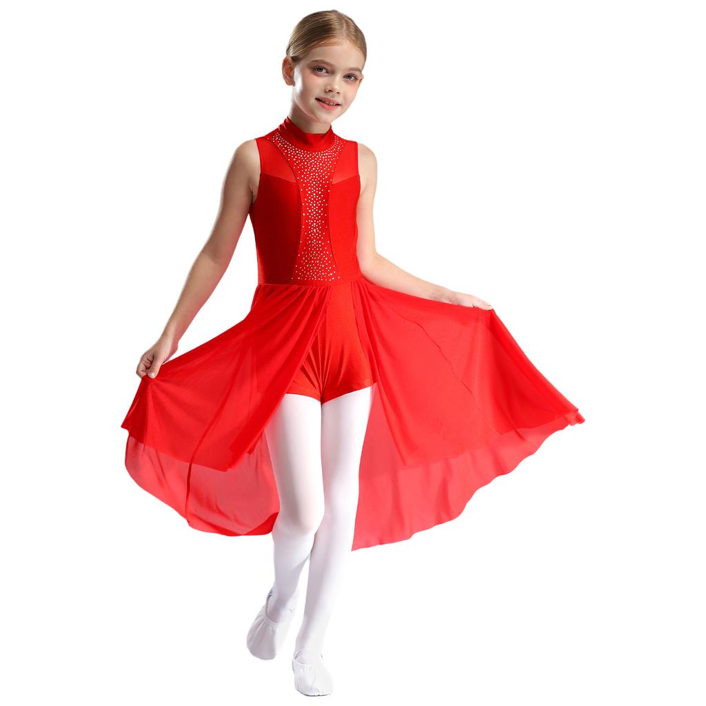 Kids Girls Figure Skating Dance Dress Sleeveless Mock Neck Cutout Back Side Split Asymmetrical Hem Sparkly Rhinestone Dresses