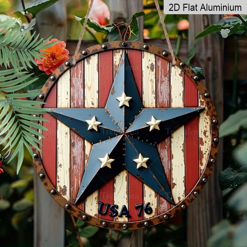 2D Flat, [Trebalena 2D FLAT] Metal Sign Aluminum "Rustic Americana Shield Wall Art - Vintage USA 76 Star Design, Perfect for Farmhouse Decor and