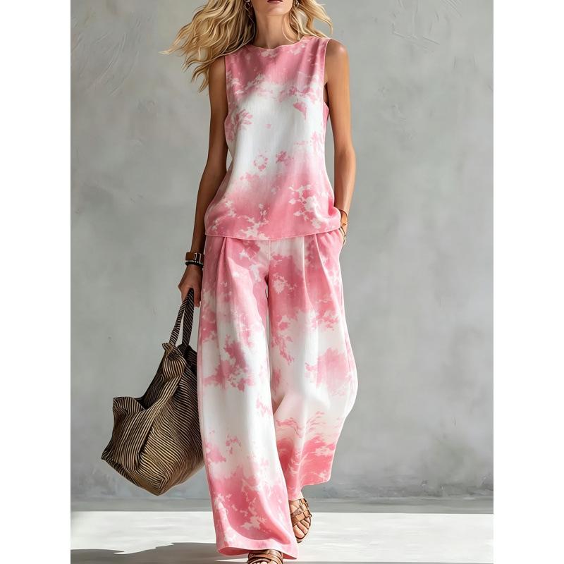 Crew neck top wide leg pants two-piece set women's casual suit European and American summer new rainbow tie-dye sleeveless