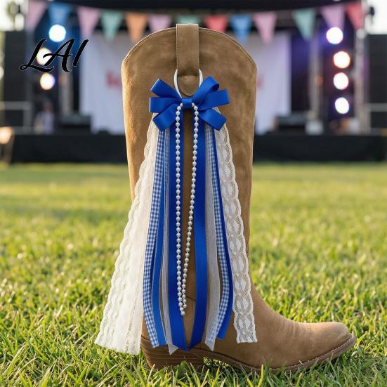 Cowgirl Boot Jewelry 1 Pair Ribbon Bow Charms Cowboy Accessories White Pink Blue Boho Embellishments with Faux Pearls And Lace Charms for