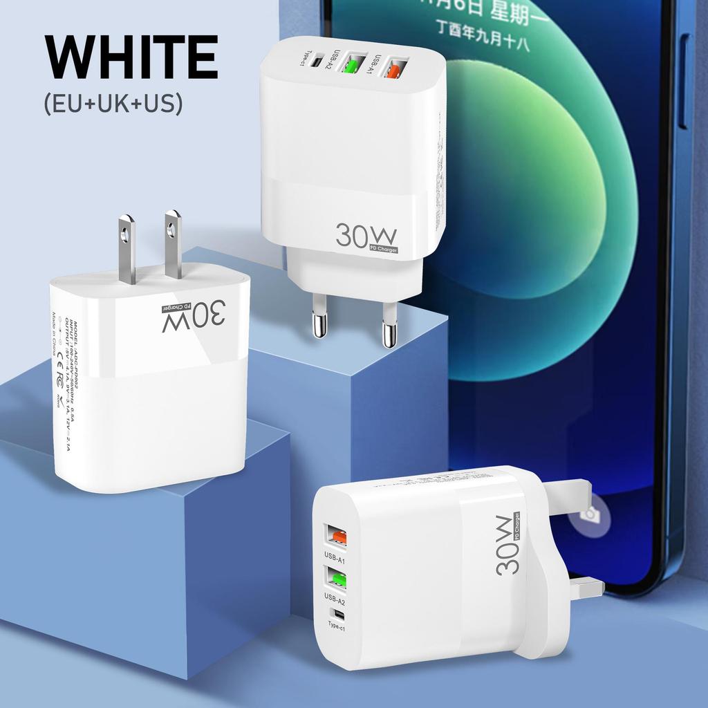 Многопортовое зарядное устройство QC3.0: 2A+C, PD30W, Европейский стандарт, Быстрая зарядка, Мультипротокол