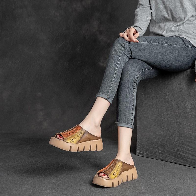 Genuine Leather Thick Soles Sandals Women Retro Wedges Slides Comfortable Outdoor Platform Slippers