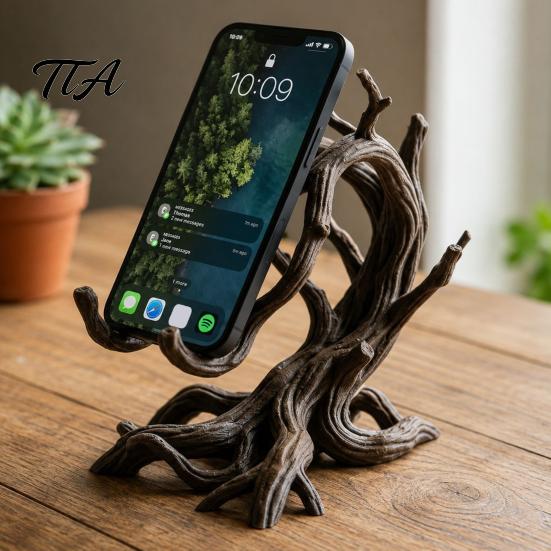 Stable Desk Accessories 3D Printed Tree Branch Phone Stand, Artistic Twisted Wood Holder Unique Root Ornament for Cell Phone, Rustic Organic
