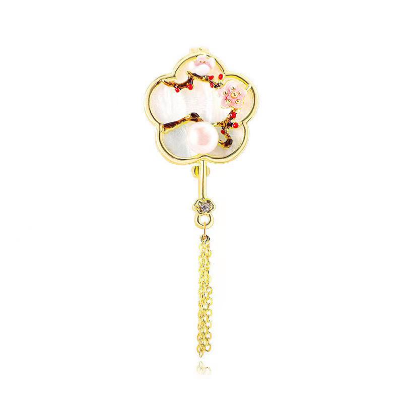 Chinese Style Natural Seashell Tassel Fan Brooch with Plum, Orchid, Bamboo, Chrysanthemum, Pearl Corsage, and Empty Setting