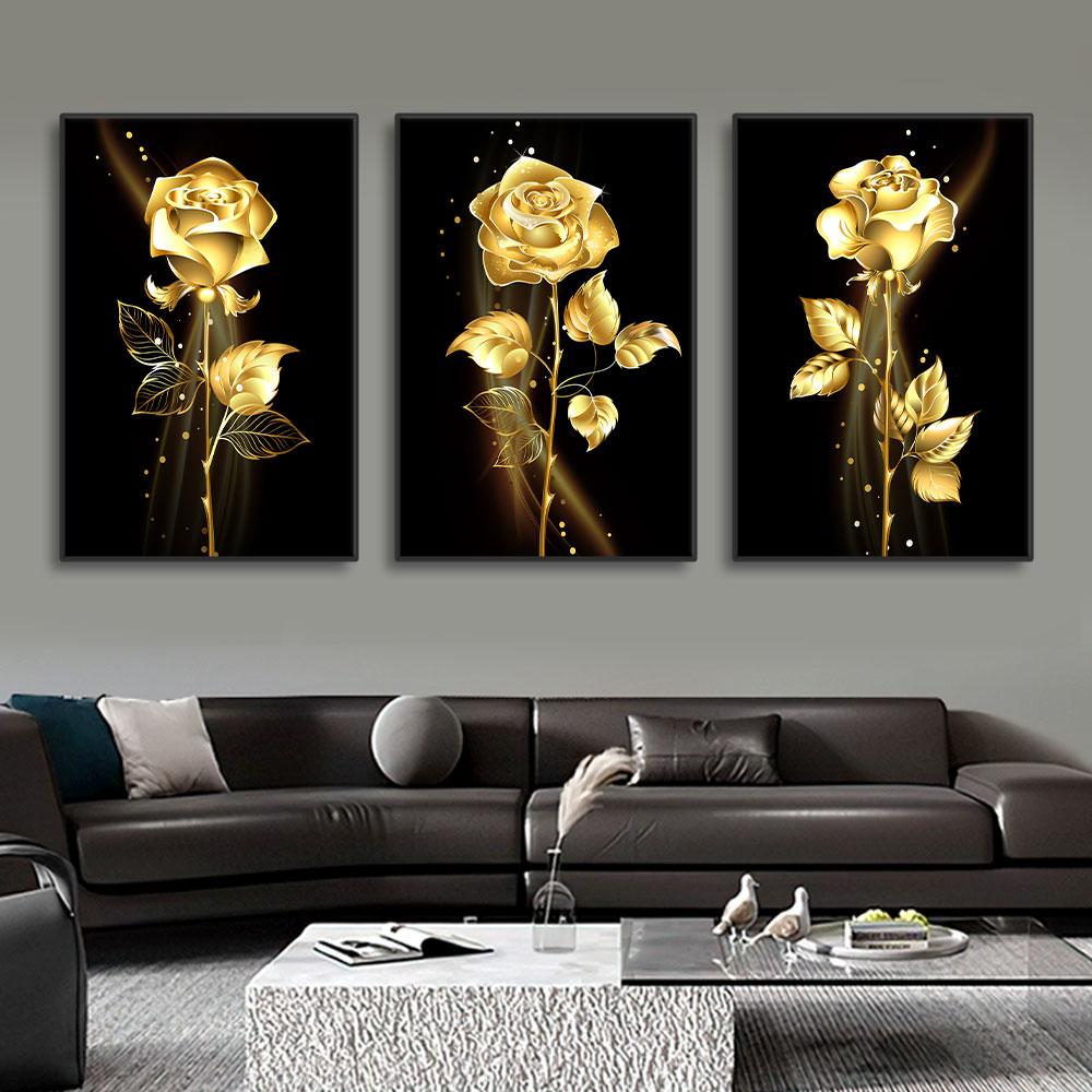 3pcs Gold Rose Flower Black Canvas Paintings Nordic Modern Living Room Wall Art Decorative Pictures Wall Artwork Posters Prints