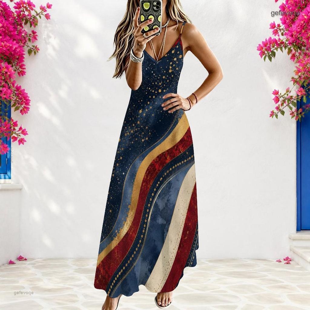 Women Plus Size Off Shoulder V Neck Strappy Sleeveless Star Printed A Line Long Dress
