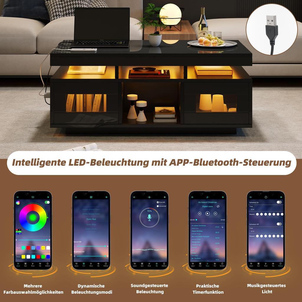 Couchtisch Schwarz, Hochglanz LED Beleuchtung, Kaffeetisch Schrank & Offene Staufächer, Sofatisch Rechteckiger Mitteltisch, 100×50×43cm