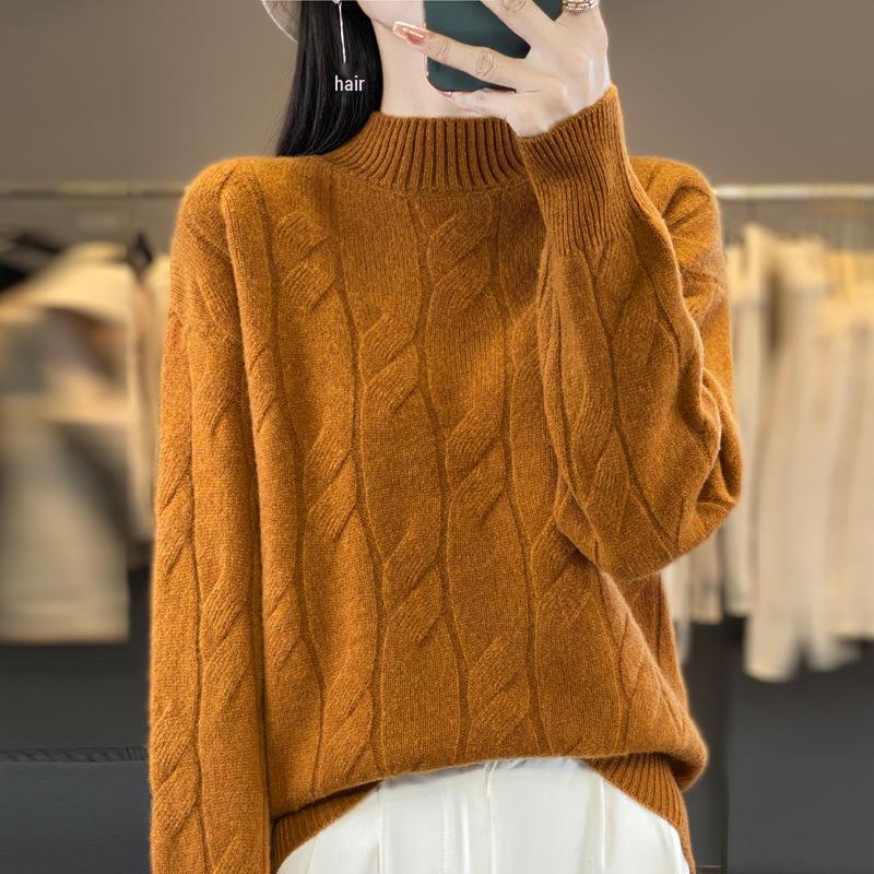 2024 Autumn/Winter Women's Half-High Neck Wool Sweater - Loose Knit Thickened Cable Base Layer