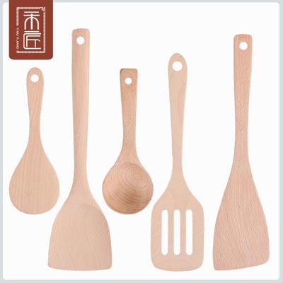Неокрашенный деревянный кухонный набор из лопатки и ложки с длинной ручкой и антипригарным покрытием для сковороды