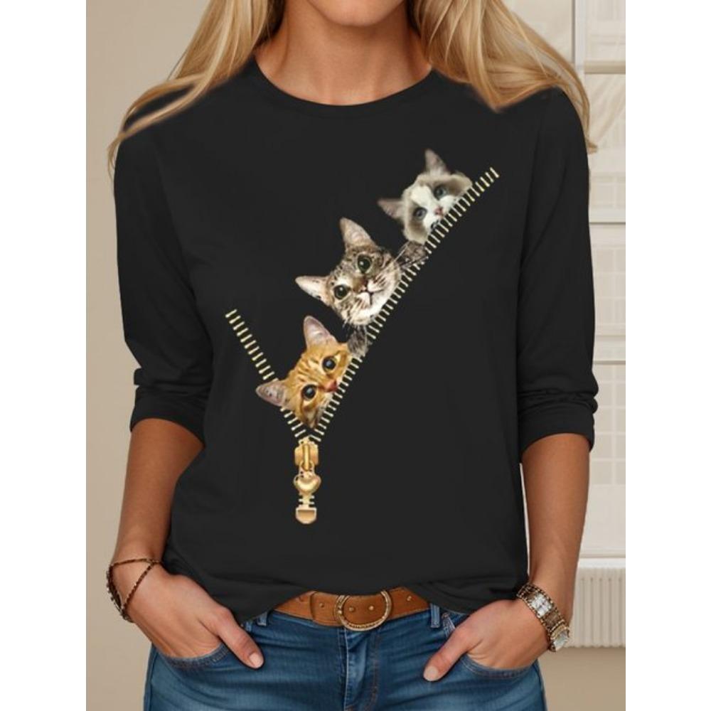 Модные женские футболки с 3D-принтом, кавайными рисунками кошек, длинными рукавами, круглым вырезом, стандартным кроем, весна/осень, тонкий стиль, спортивная одежда