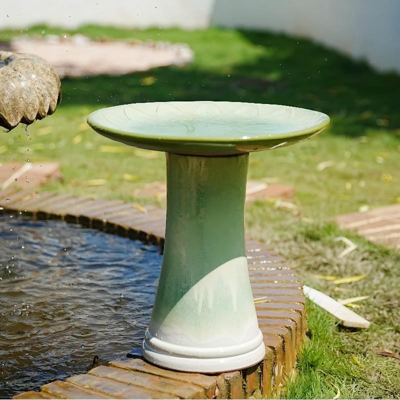Handmade Ceramic Bird Bath, Floral Relief Bowl, diameter 43cm Height 45cm, Gradient Green High-Gloss Glaze, Frost-Resistant & Weatherproof for Garden