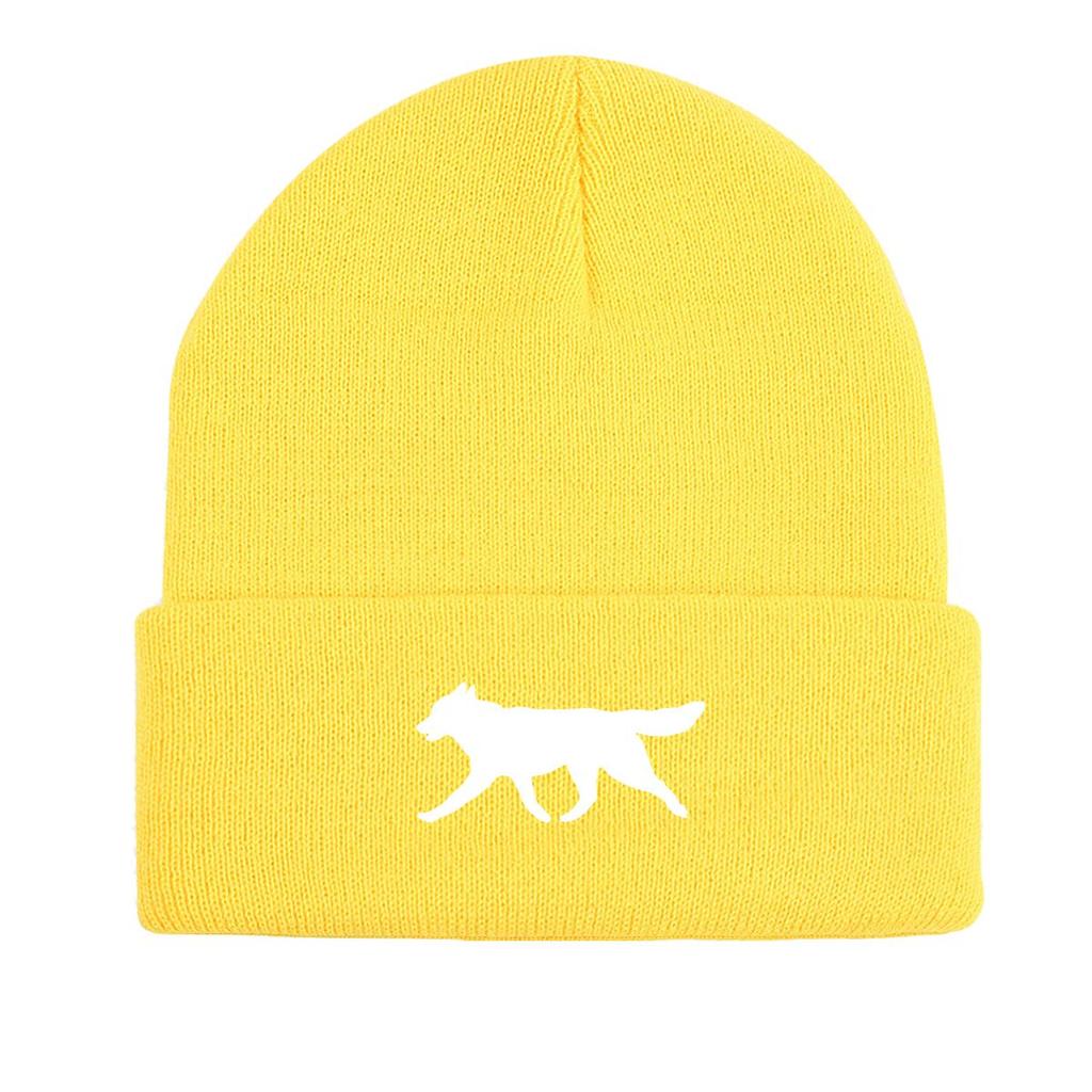 White Wolf Dog Print Knitted Cap Beanie, Animal Man Cap Lightweight Elastic Casual Bobble Hat Knit Hat Beanie