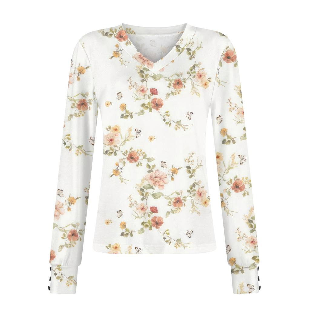 Женские топы с цветочным принтом, рубашка с длинным рукавом и V-образным вырезом, повседневная свободная футболка, осенняя одежда