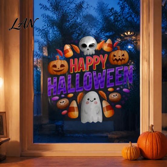 Decorative Holiday Window Film Halloween Clings, Cute Ghost Pumpkin Skull Happy Sticker, Reusable Durable Sunproof Glass Stickers Double Sided Static
