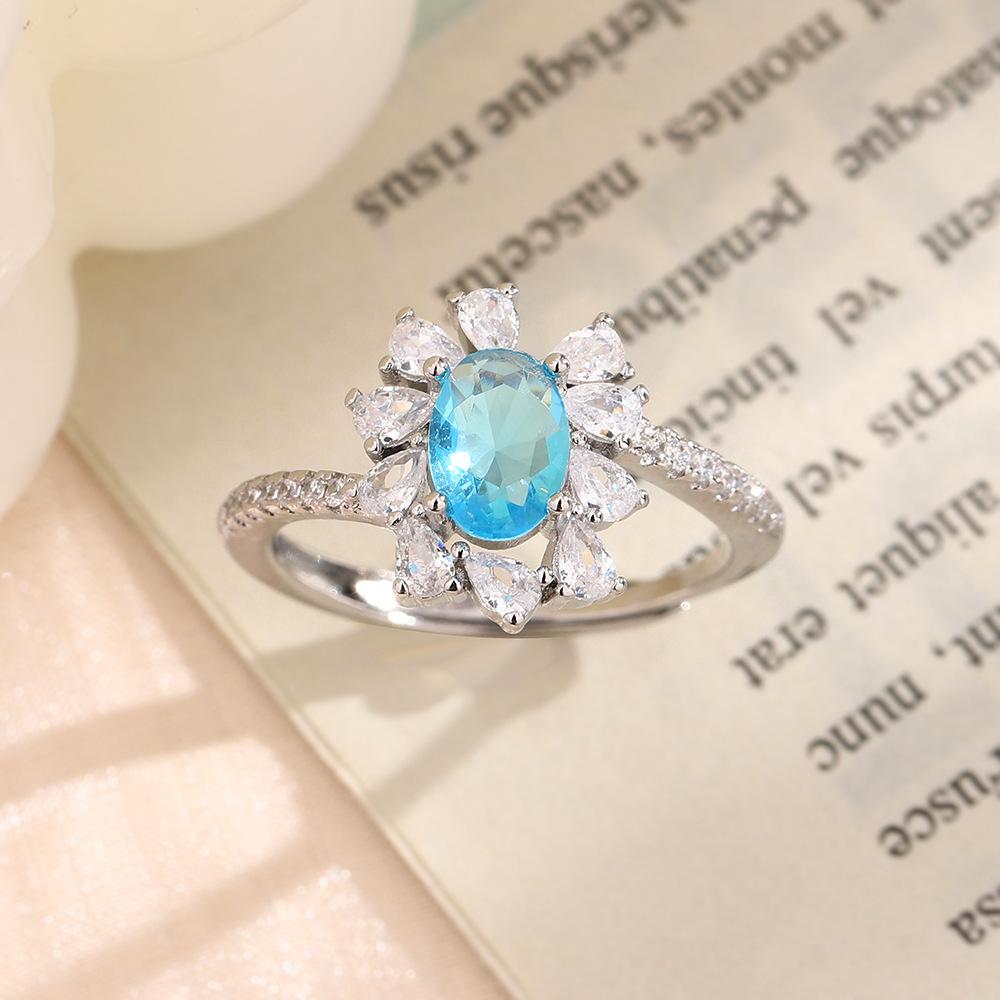 Кольцо с имитацией морского голубого топаза, роскошная замена, прямая трансляция с товарами, яркое, полное бриллиантов, кольцо с синим цветком, женское