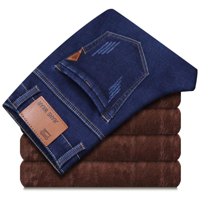 2024 Осень/Зима Новые Плюшевые Толстые Джинсы Мужские Облегающие Эластичные Прямые Брюки Повседневные Мужские Брюки