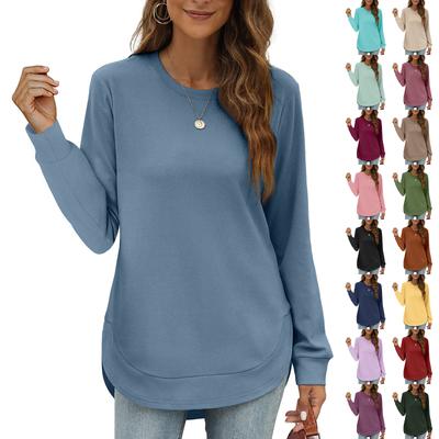 Женская повседневная модная футболка с круглым вырезом, свободного кроя, однотонный топ с длинным рукавом