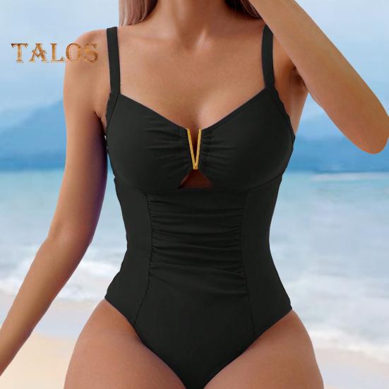 Женский цельный купальник, летний плиссированный однотонный монокини с глубоким v-образным вырезом, быстросохнущий купальник, пляжная одежда