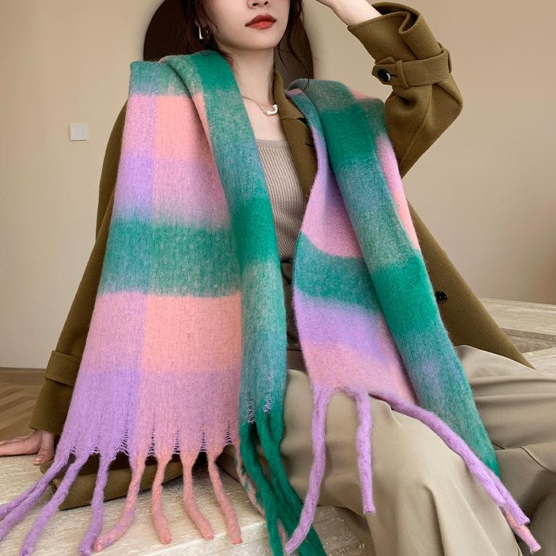 Winter New Scarf Women's Winter Thickened Warm Scarf Colored Plaid Fringed Scarf Shawl Fashionable Outer Cover