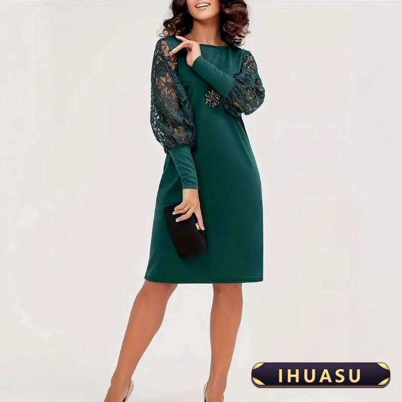 IHUASU Women's Fashion Autumn Spring O-Neck Long Sleeve Solid Color Print Casual Dresses Elegant