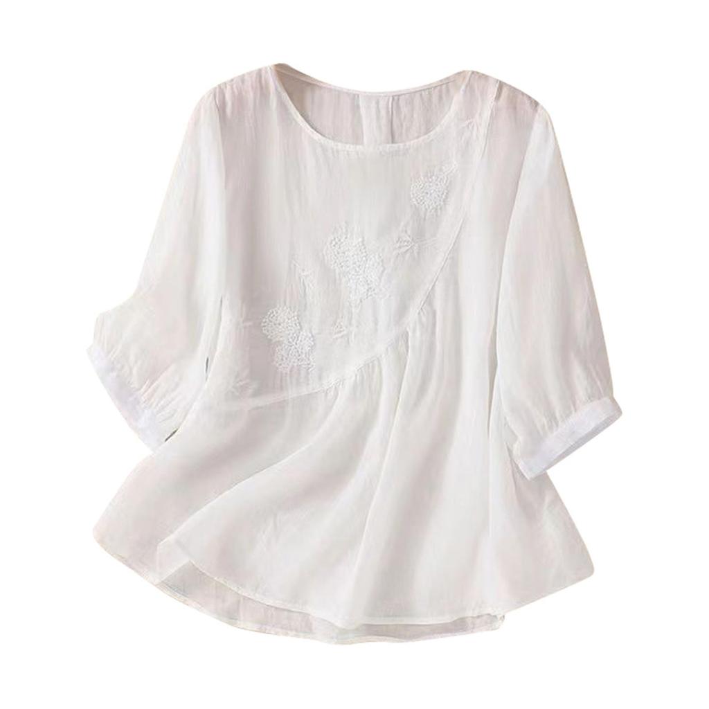 Женская модная футболка однотонная вышитая из хлопка и льна, топ больших размеров