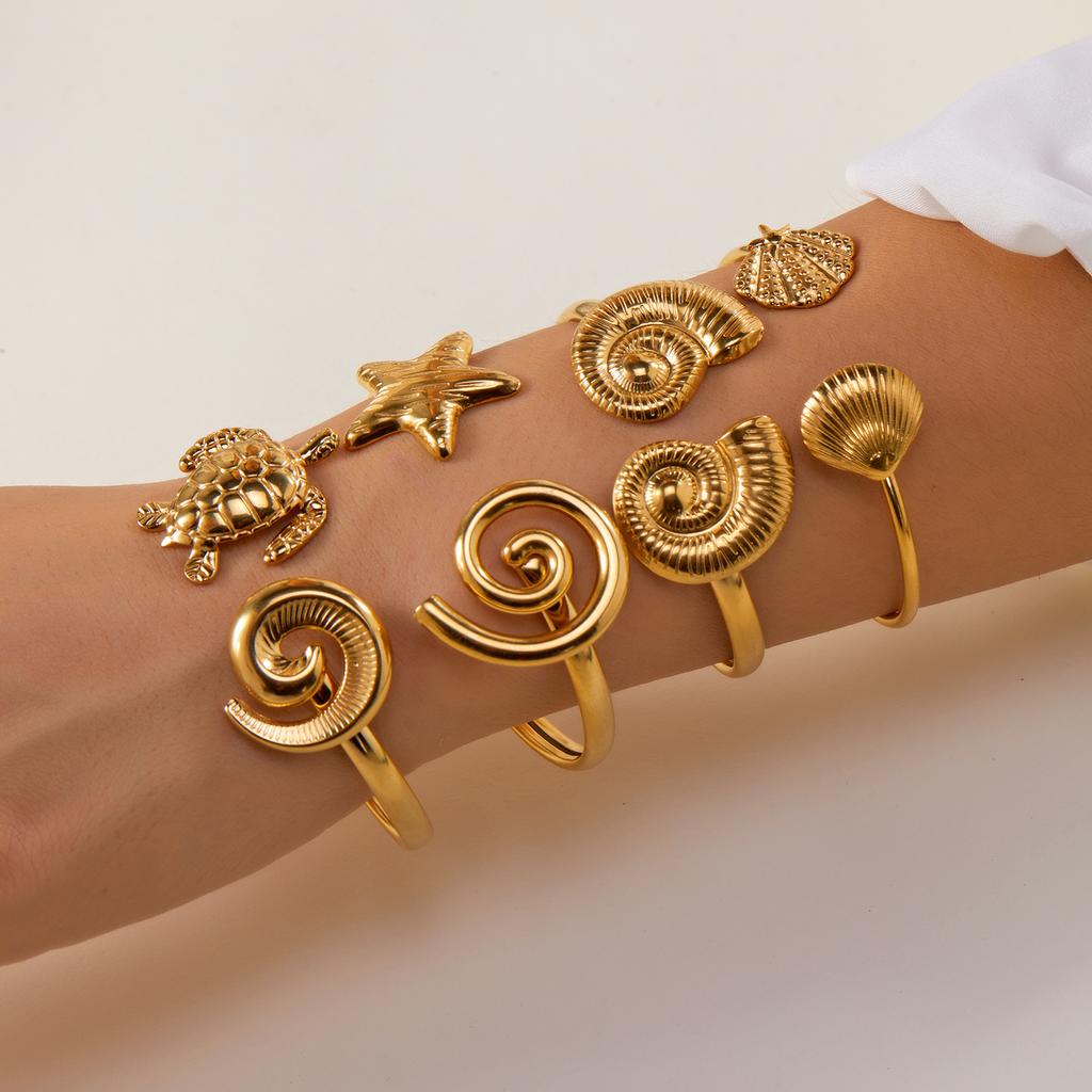 Vintage Ocean Series Stainless Steel Bangle For Women Gold Shell Starfish Conch Turtle Boho Beach Party Jewelry