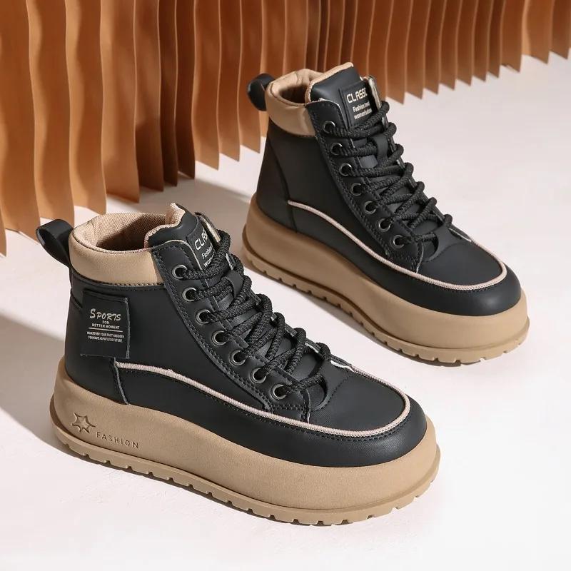 2024 Hot Sale Ladies Shoes Front Lace-up Women's Vulcanize Shoes Fashion Color Matching Winter Plus Velvet High Top Flat Shoes