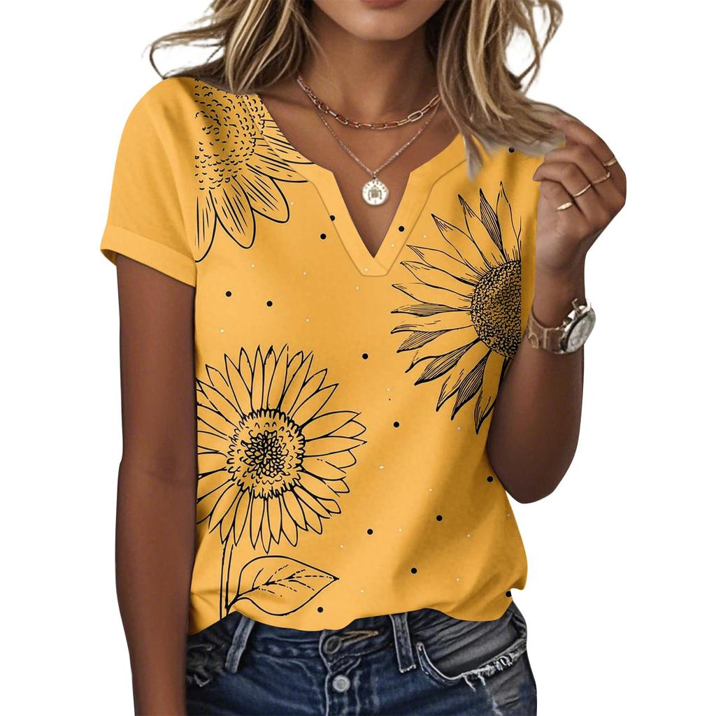 Женская повседневная футболка с цветочным принтом, пуловер с V-образным вырезом и коротким рукавом