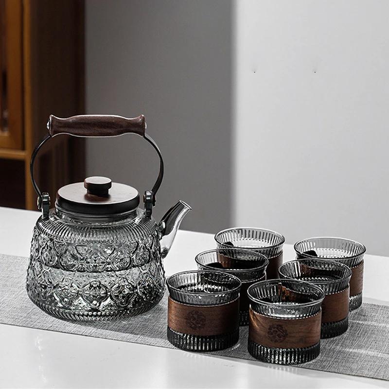 Wooden Handle Glass Teapot Portable High Borosilicate Tea Kettle with Infuser Coffee Tea Pot Kitchen Flower Teapot Teaware