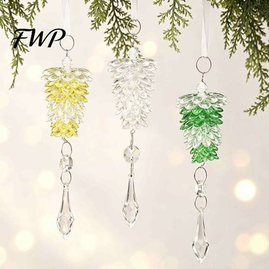 Reusable Holiday Home Decor Acrylic Pine Cone Pendant with Faux Crystal Drop, Christmas Tree Garland Hanging Ornaments, Transparent Gradient