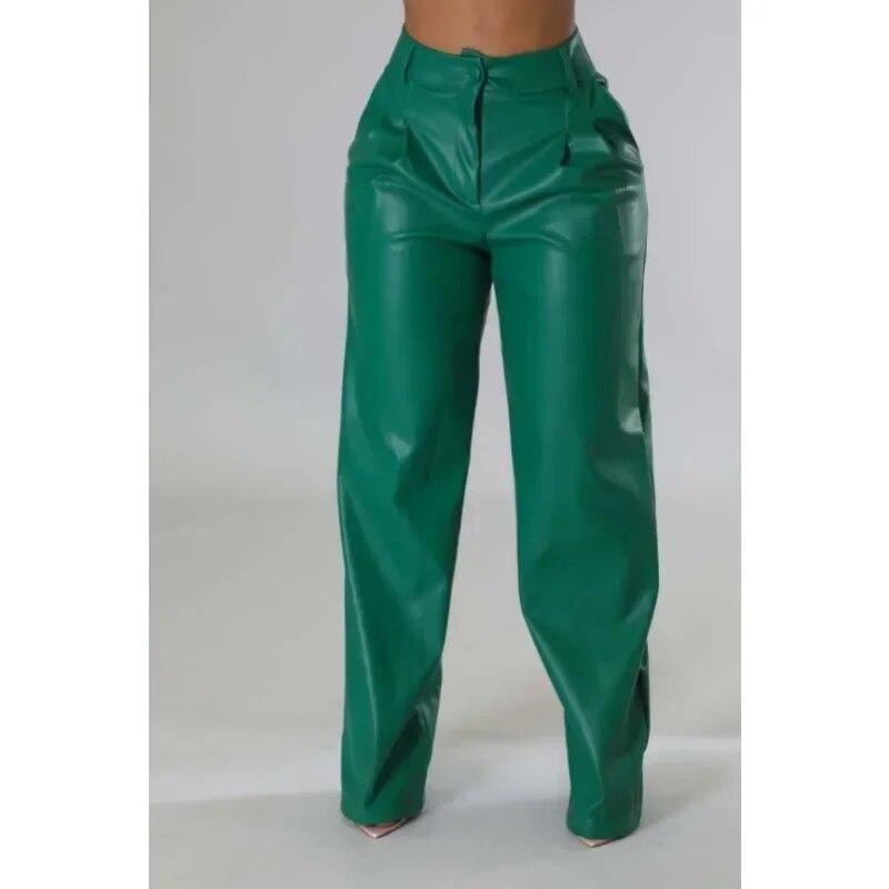 2023 Fashion Women PU Pants Autumn And Winter Casual Vinage Pocket Trousers Loose Wide Leg Leather Pants Elegant Pantalon 30033